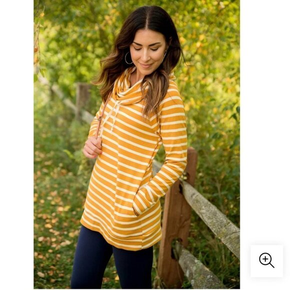 ❤️ Betsey’s Boutique Shop Striped Cowl Neck Sweatshirt Tunic Mustard D15 - Picture 2 of 11